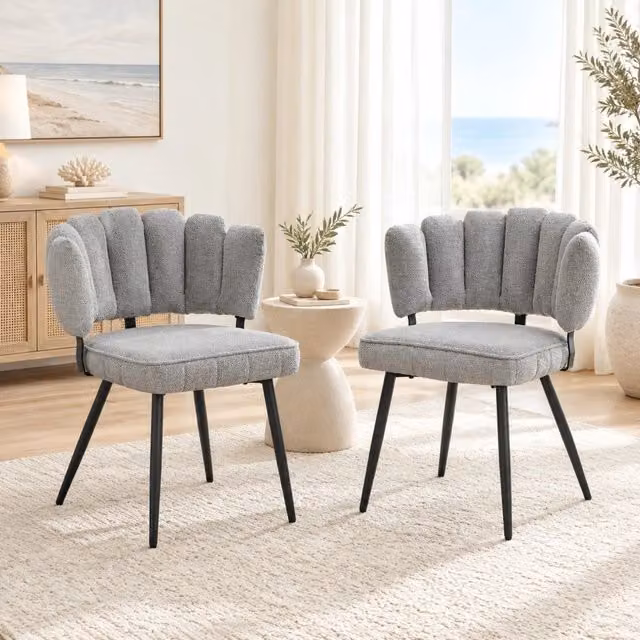 Set di 2 sedie da pranzo ULEVR in velluto strutturato grigio chiaro, schienale a ventaglio e gambe in metallo nere
