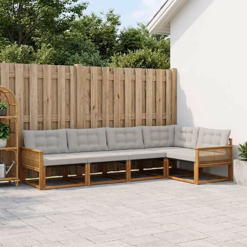 Set di divani da esterno vidaXL a forma di L composto da 5 pezzi in legno di acacia con cuscini in tessuto beige e grigio per giardino e terrazzo