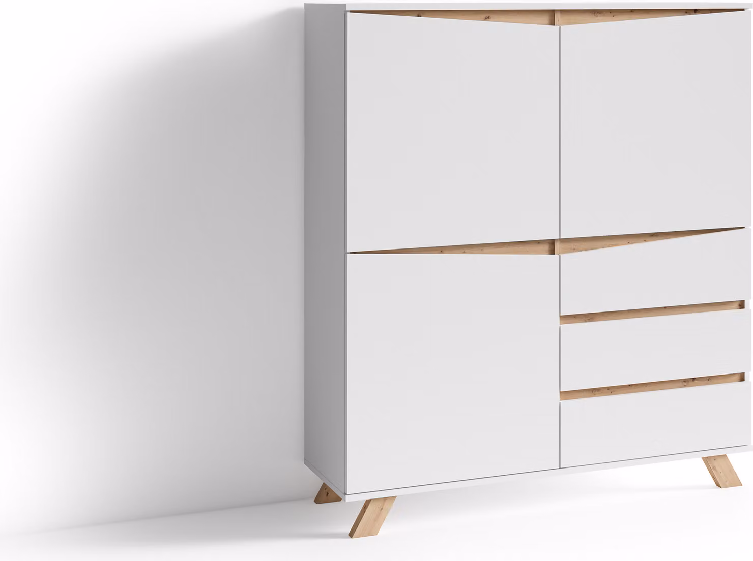 byLIVING Comodà Valentin, credenza alta larghezza 120 cm, bianco opaco, inserto effetto rovere