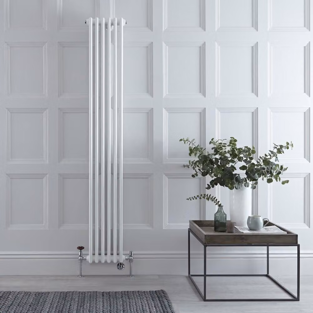 Radiatore Verticale Misto in Stile Ghisa Bianco - 1800mm x 290mm - Senza Termostato - Nichel Satinato