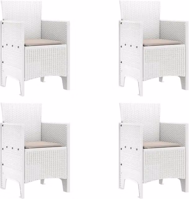 Set di 4 sedie da giardino moderne in plastica bianca con cuscini e braccioli, resistenti alle intemperie, L: 53 cm, P: 49 cm, H: 85 cm