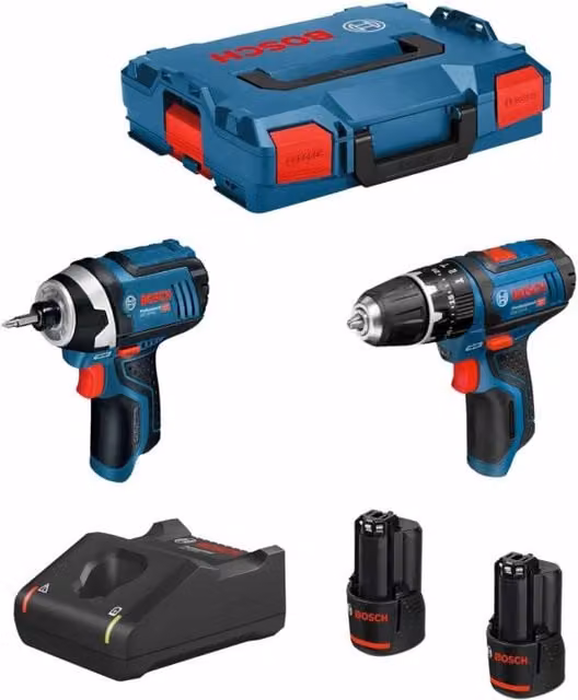 Kit Bosch 12V con Trapano Avvitatore GSB 12V-15, Avvitatore a Impatto GDR 12V-10, 2 Batterie da 3,0 Ah, Caricabatterie GAL 12V-40 e L-Boxx 102