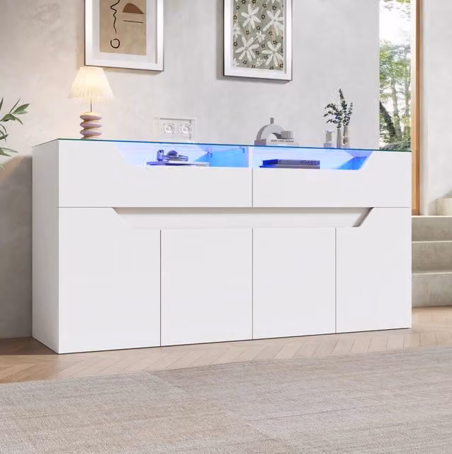 Credenza bianca 140x40x70 cm con piano in vetro temperato, 2 cassetti in MDF per soggiorno e sala da pranzo