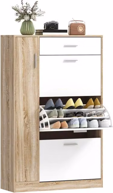 Scarpiera con Cassetto e Ante ¨C Xylo ¨C Legno Naturale 84x30x132 cm per 18-27 Paia di Scarpe