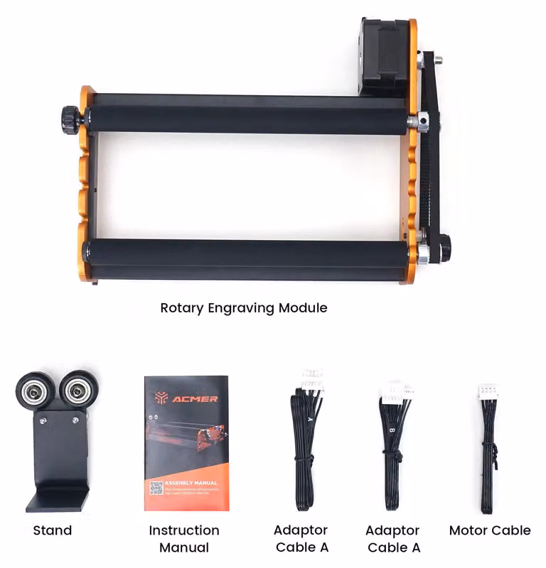 Modulo di rotazione con incisione laser - Asse Y - Alloggiamento in alluminio con supporto - Per oggetti cilindrici e contenitori - 4 velocità, rulli gommati fino a 8 cm