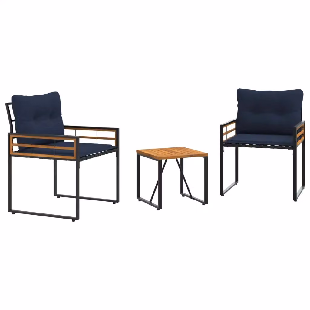 Set di mobili da esterno vidaXL composto da 3 pezzi con poltrona lounge, tavolino da caffè e cuscini, in acciaio verniciato a polvere e legno di acacia, colore blu e nero – 2