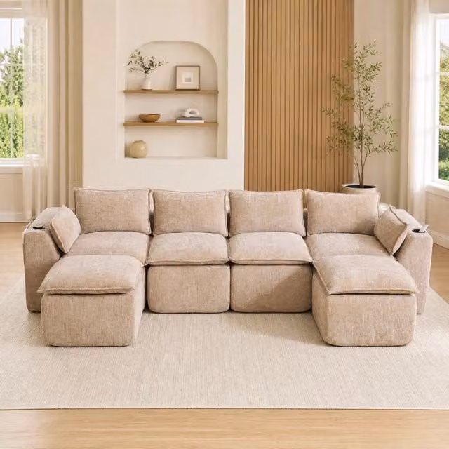Divano modulare 4 posti 322x161x75 cm in tessuto beige, con 2 pouf e tasche laterali –