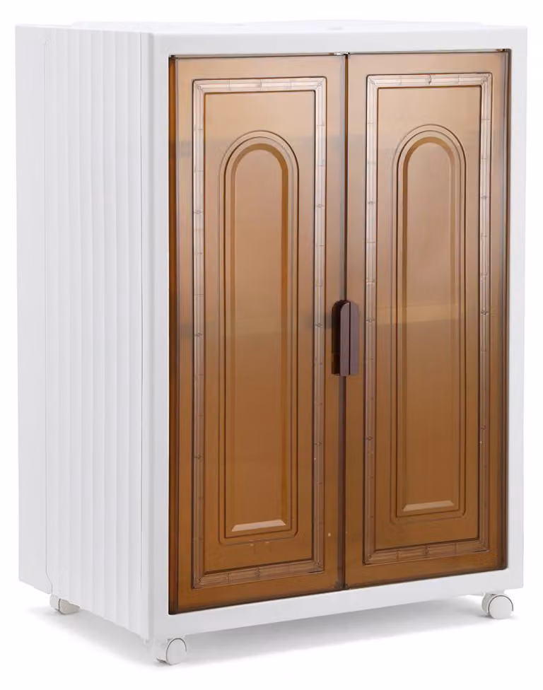 Ikodm Contenitore con coperchio, ante e ruote, grande Contenitore pieghevole, armadio, portatile, trasparente, 3 ripiani