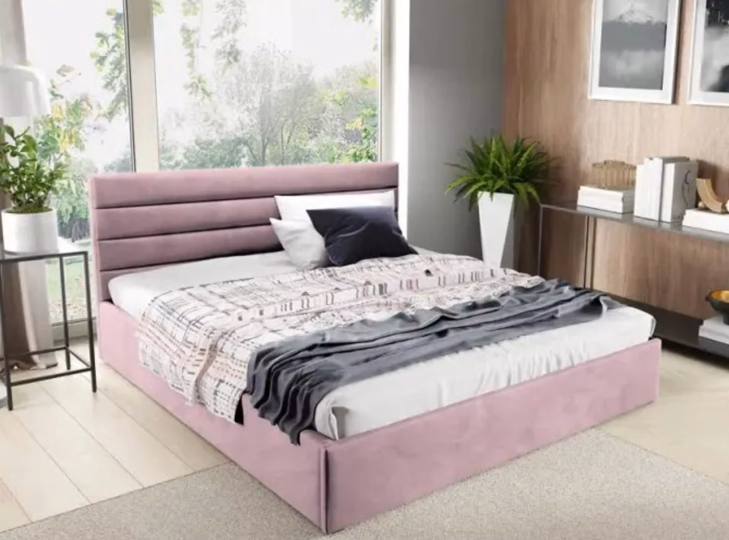 GUTTO Letto imbottito 200x200 a doghe metalliche Tessuto in velluto rosa con poggiapiedi e contenitore
