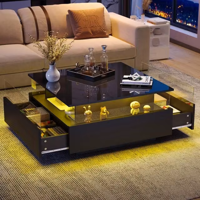 Tavolino basso fisso con LED regolabile via app 2 cassetti vano trasparente nero 70 × 70 × 41 cm