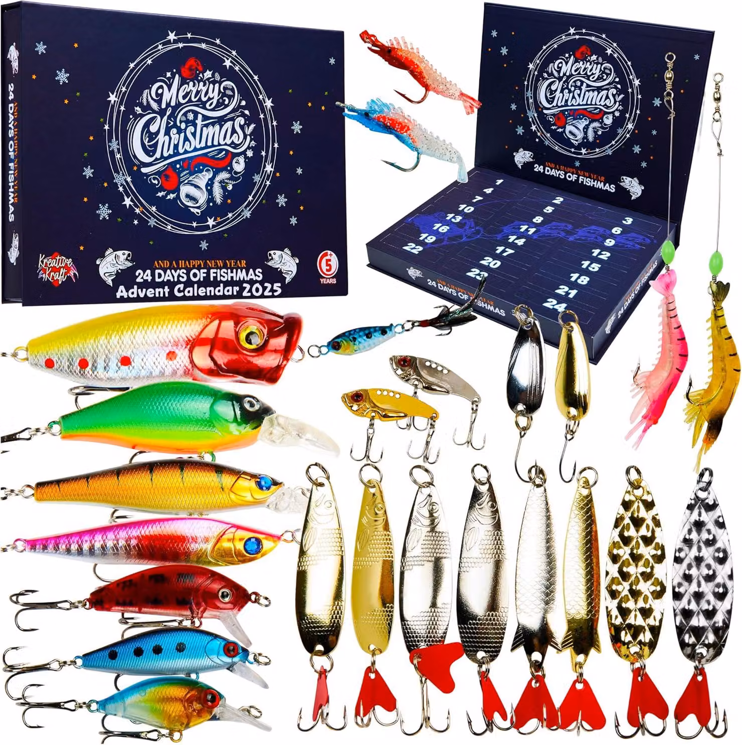 Calendario dell'Avvento 2025 a tema pesca, calendario per il conto alla rovescia del Natale, ideale per uomini, donne e adolescenti. Contiene esche da pesca e altri articoli a tema come regalo