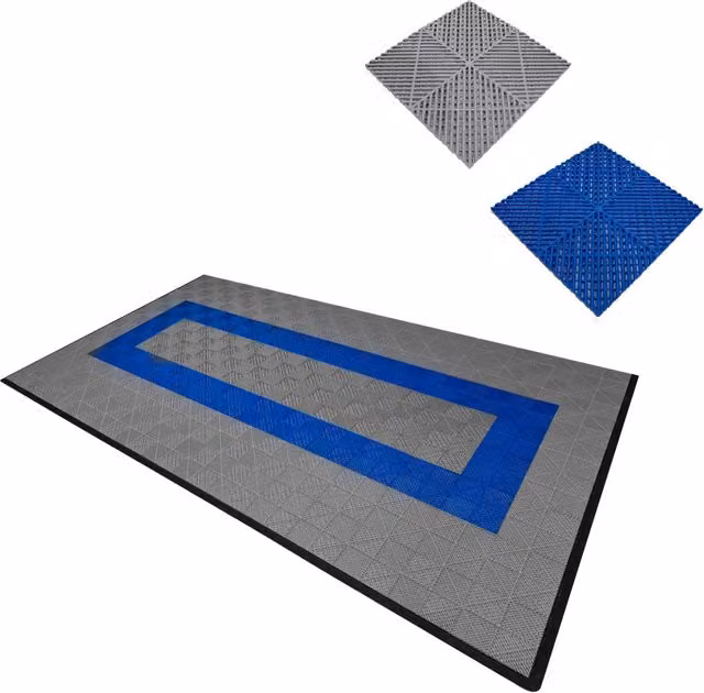 Piastrelle ventilate antiscivolo MONSTER SHOP in plastica per garage e officine, grigie e blu, L: 6 m x P: 3,2 m – 1