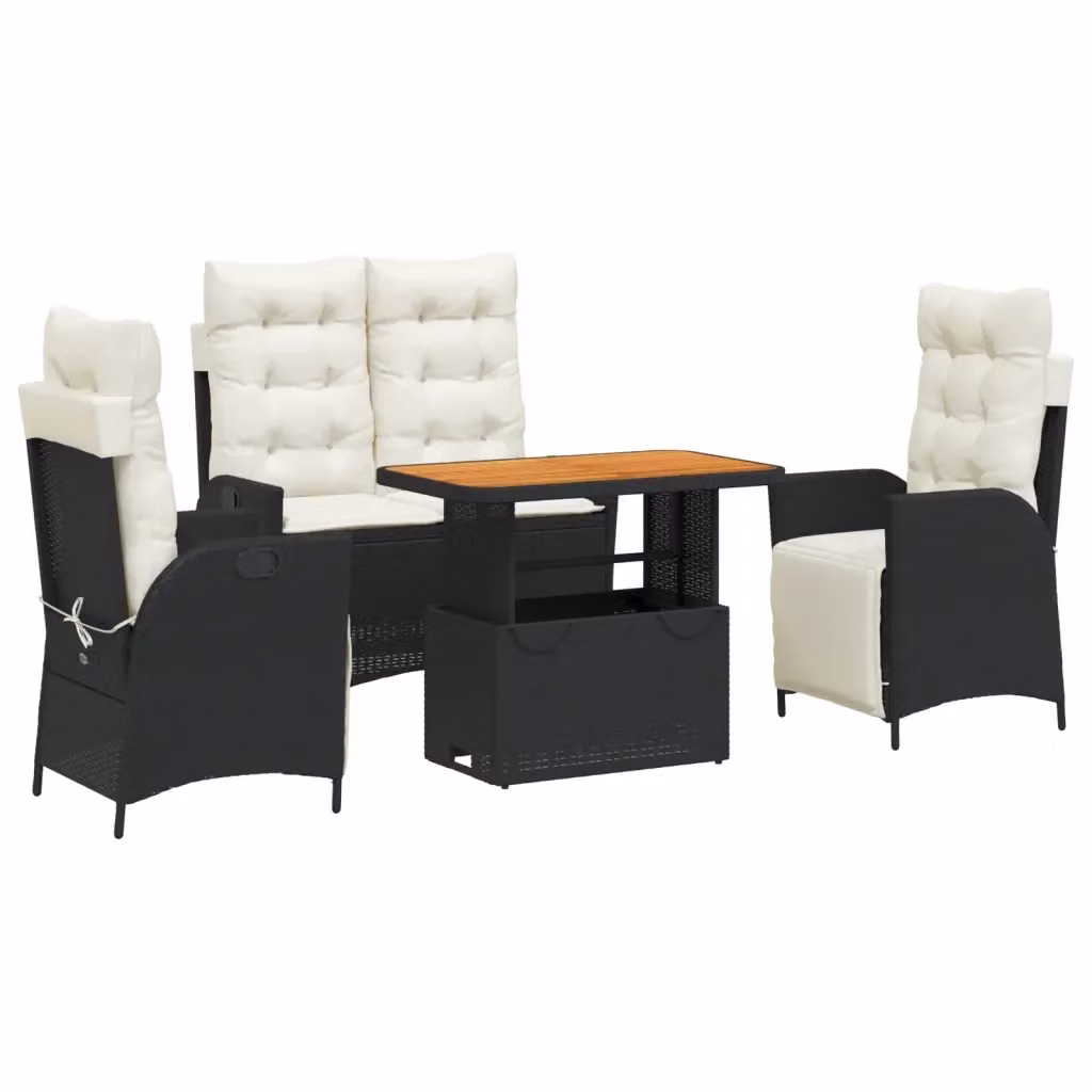 Set da Pranzo da Giardino vidaXL in Polyrattan e Legno di Acacia con 4 Sedute e Cuscini, Nero/Marrone/Bianco – 2