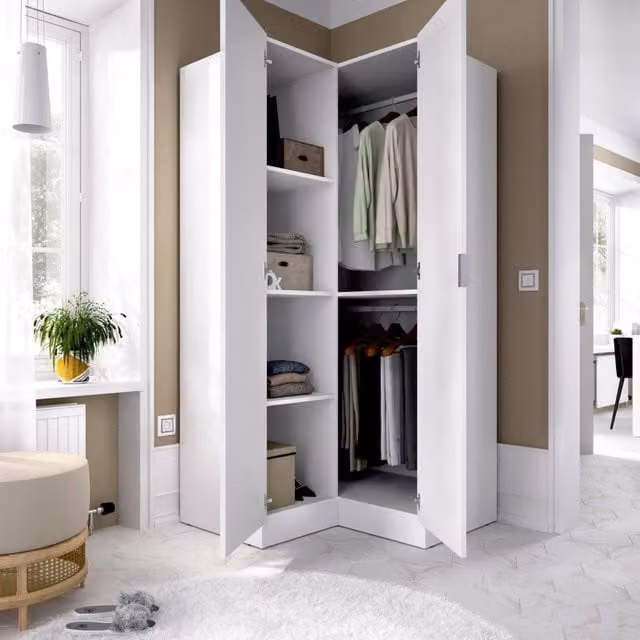 Armadio angolare DMORA Aser per camera da letto, mobile appendiabiti a 2 ante battenti, Bianco, L: 91 cm, P: 92,5 cm, H: 184 cm