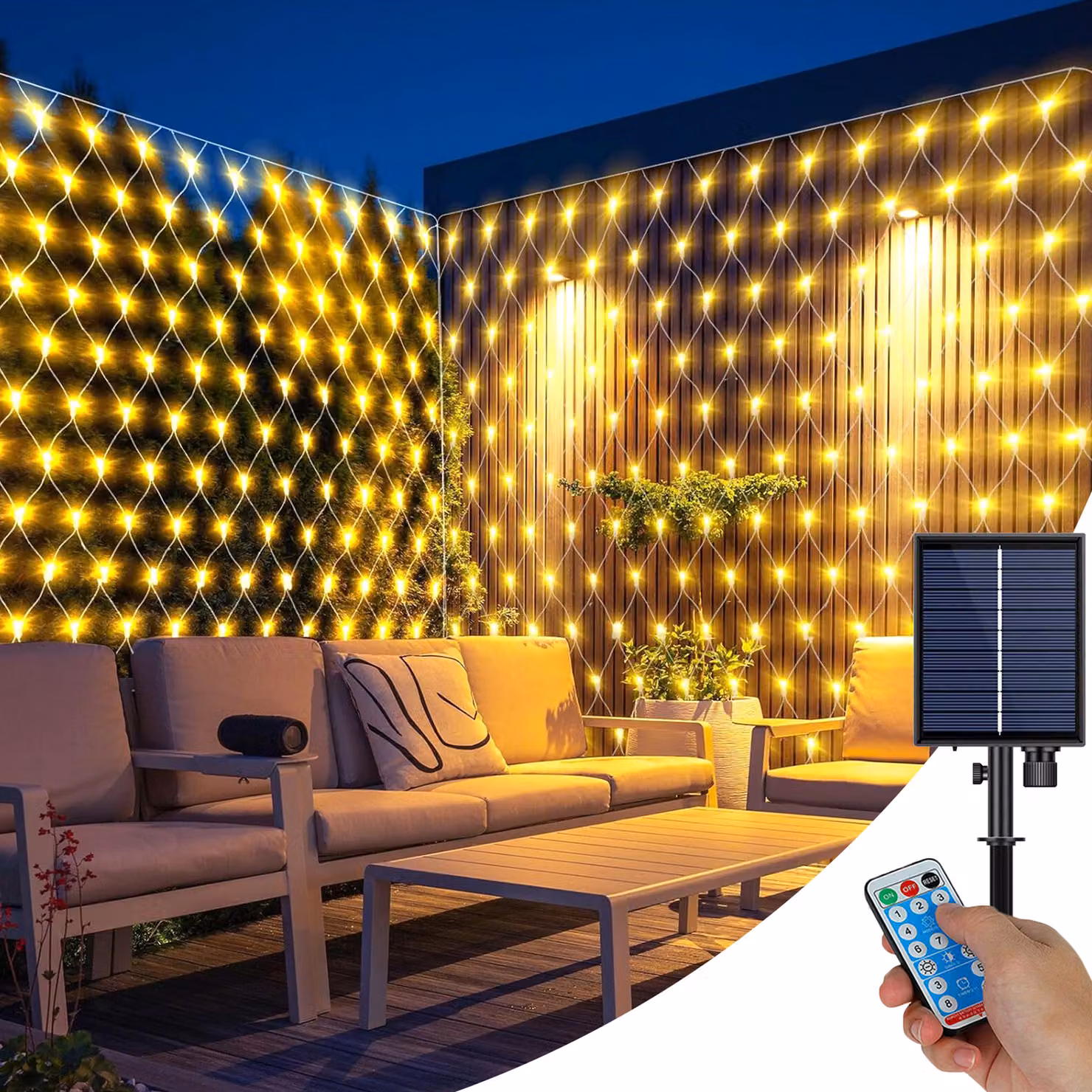 Solar Fairy Lights Outdoor Outdoor Led Light Net, 1.5x1.5M impermeabile luce tenda luce per partito giardino cespugli balcone decorazione, bianco caldo