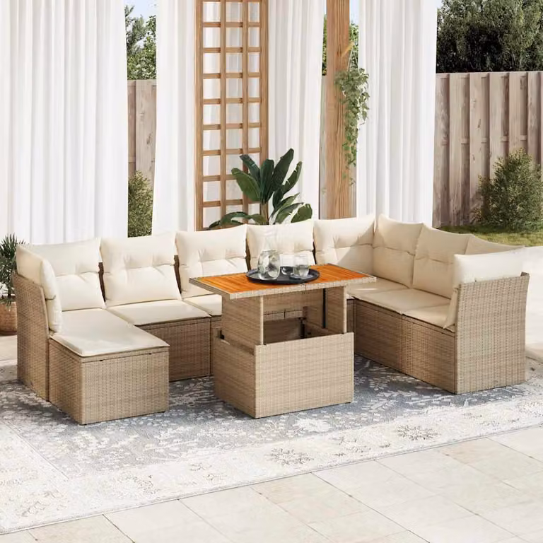 Set Divano da Giardino L-Shape vidaXL 9 pz con Cuscini Beige e Tavolino in Polyrattan e Legno di Acacia