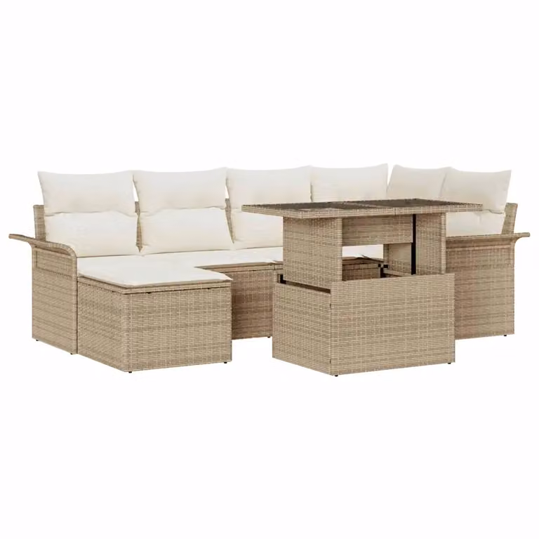 vidaXL Set Divano da Giardino Moderno a L in Polyrattan Beige con Cuscini e Tavolino da 7 Pezzi