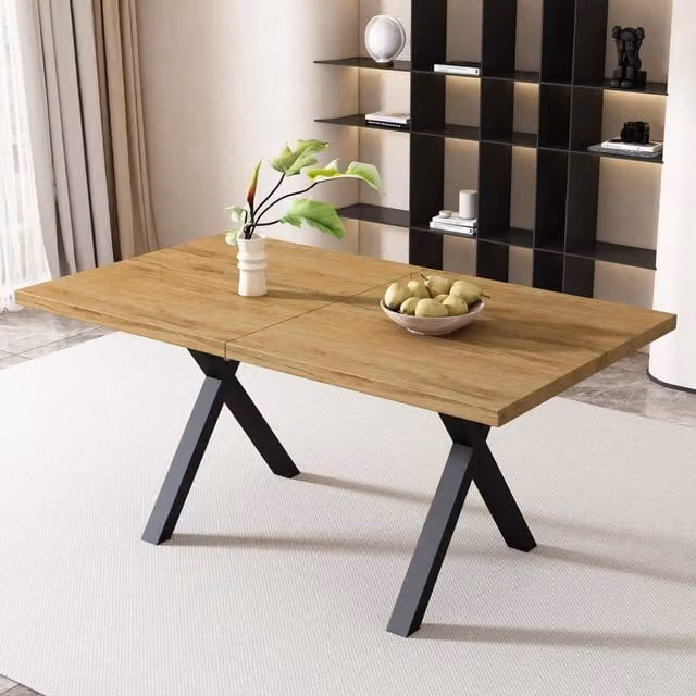 Tavolo da pranzo con gambe incrociate in MDF e metallo color rovere per sala da pranzo e soggiorno