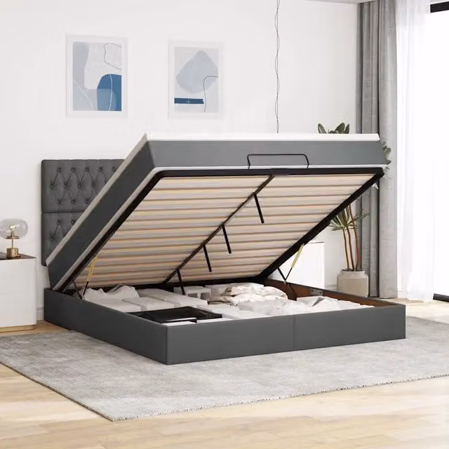 Letto con contenitore a sollevamento e materasso vidaXL in tessuto grigio e bianco, L/P/H: 203 x 180 x 128 cm