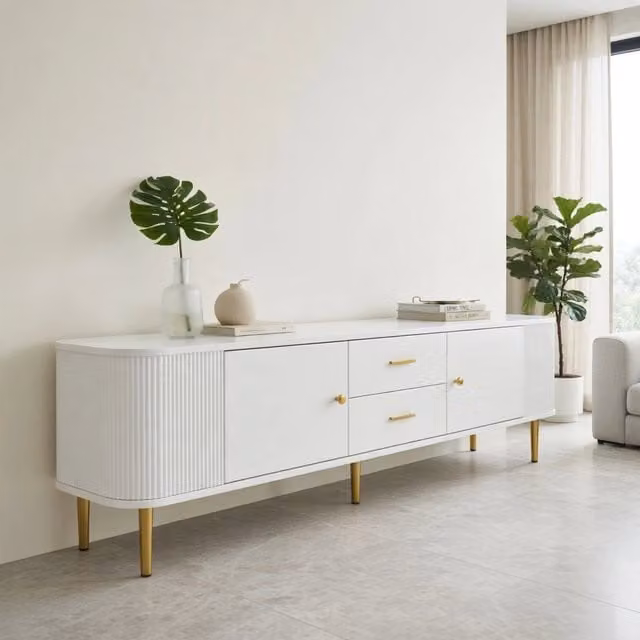 Mobile TV KOMHTOM bianco e oro in MDF per soggiorno, L: 170 cm, P: 34 cm, H: 45 cm