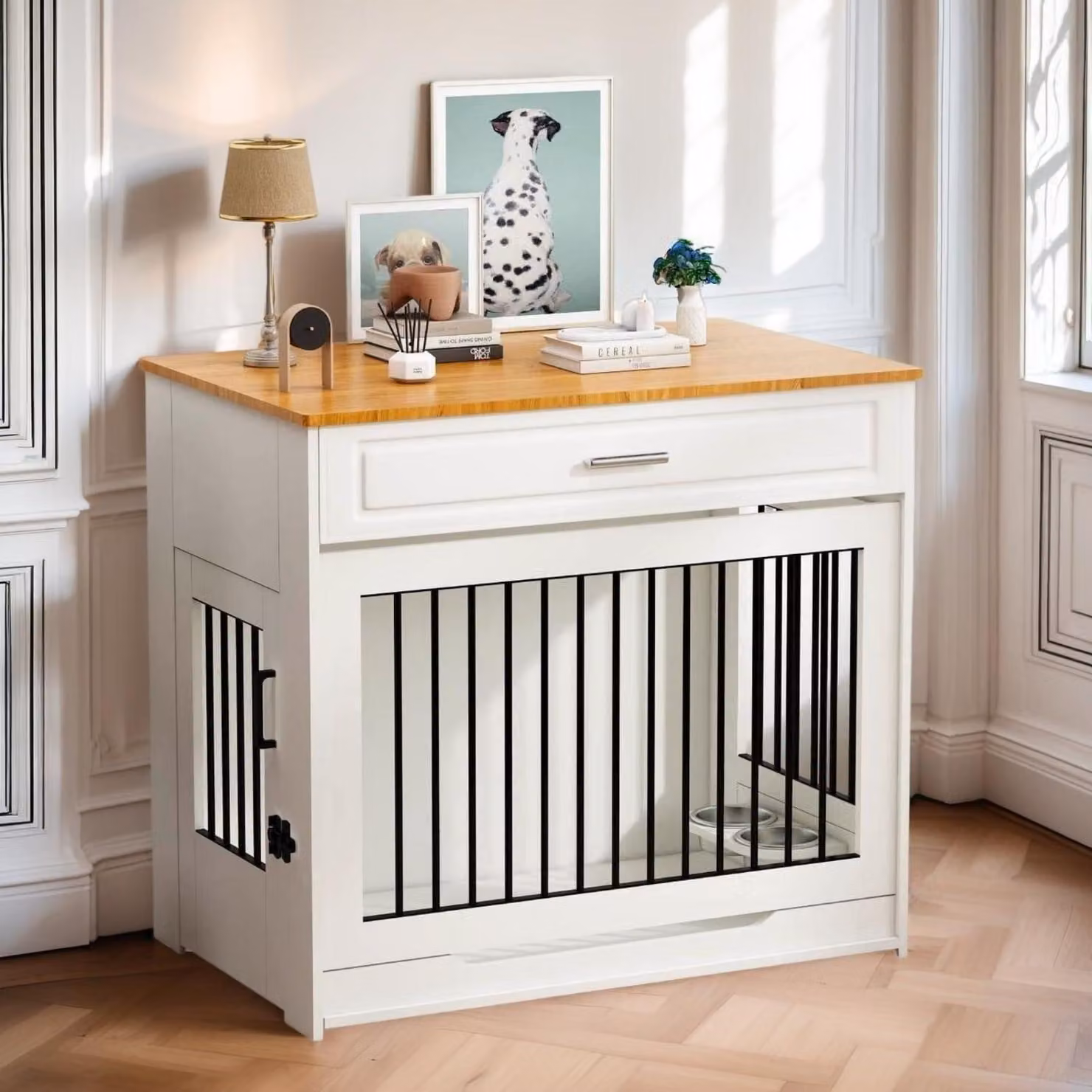 Cuccia per cani in stile moderno, con sportello, cassetto e ciotola girevole, colore bianco, grande