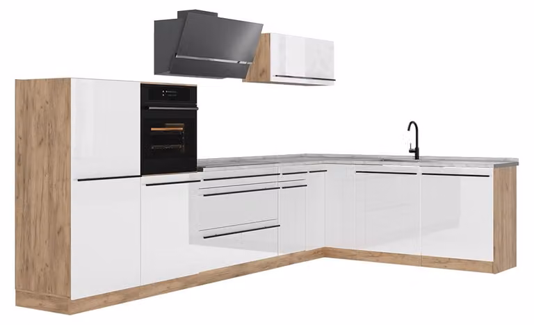 Cucina angolare completa Vicco R-Line Bianco lucido/Rovere dorato 347 x cm piano di lavoro Marmo, Model 66851