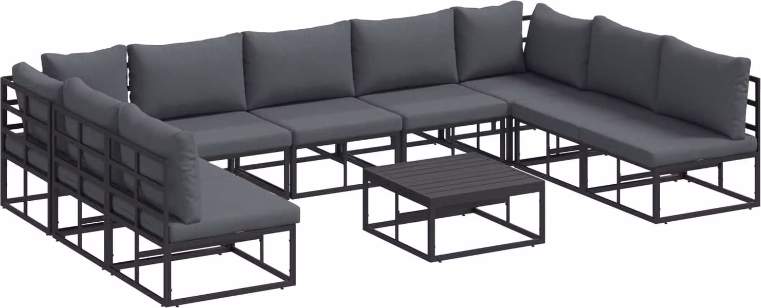 Set Divano da Giardino con cuscino 10 pcs Nero Alluminio
