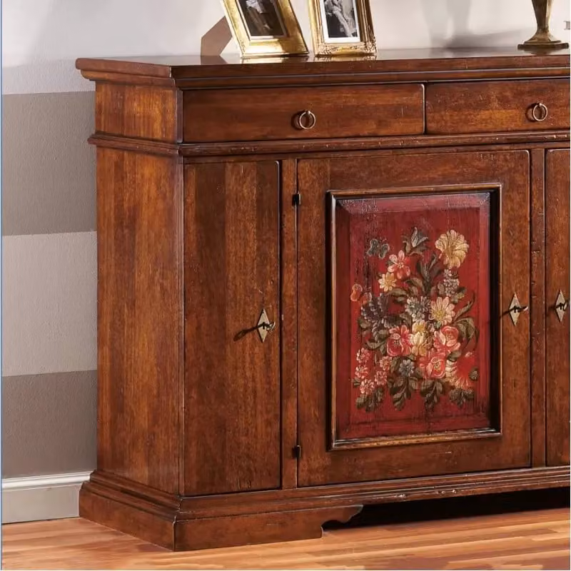 Madia credenza in legno con 4 porte e decori floreali noce antico Mobili 2G L: 201 cm, P: 52 cm, H: 114 cm – 1