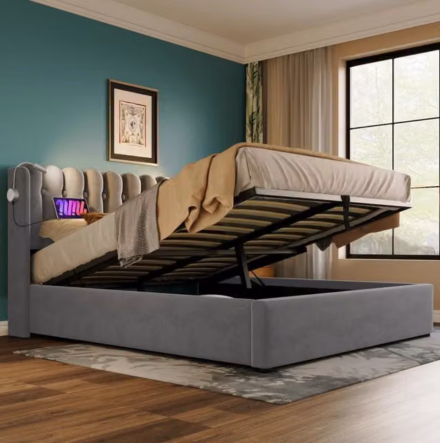 Letto singolo MODFU in velluto grigio con contenitore a sollevamento, luce da lettura integrata e porta USB, L/P/H: 90 x 200 cm – 1