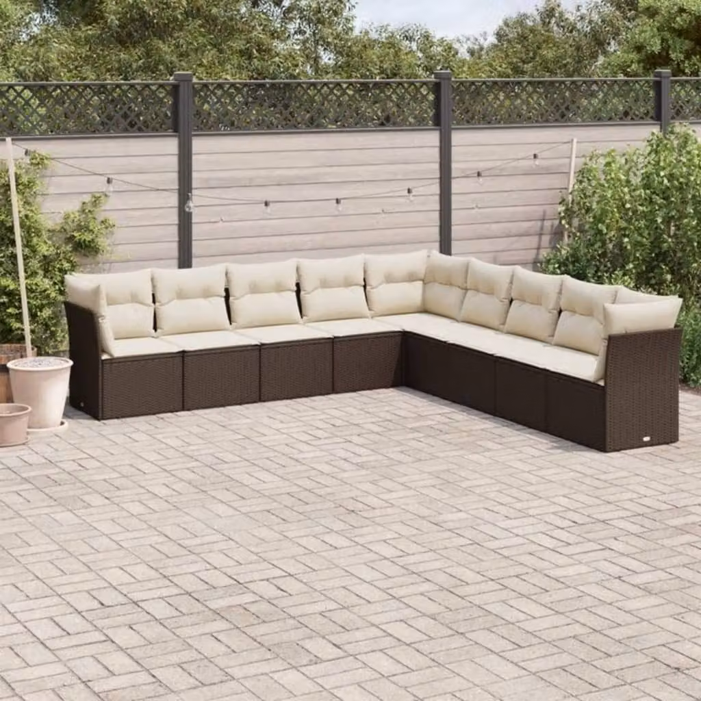 Set di divani da giardino vidaXL a forma di L composto da 9 pezzi in polyrattan marrone con cuscini bianchi e coperture rimovibili – 1