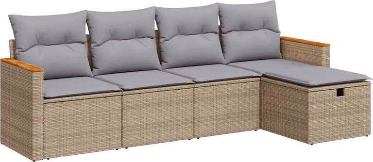 Set Divano da Giardino 5 pz con Cuscini Beige in Polyrattan