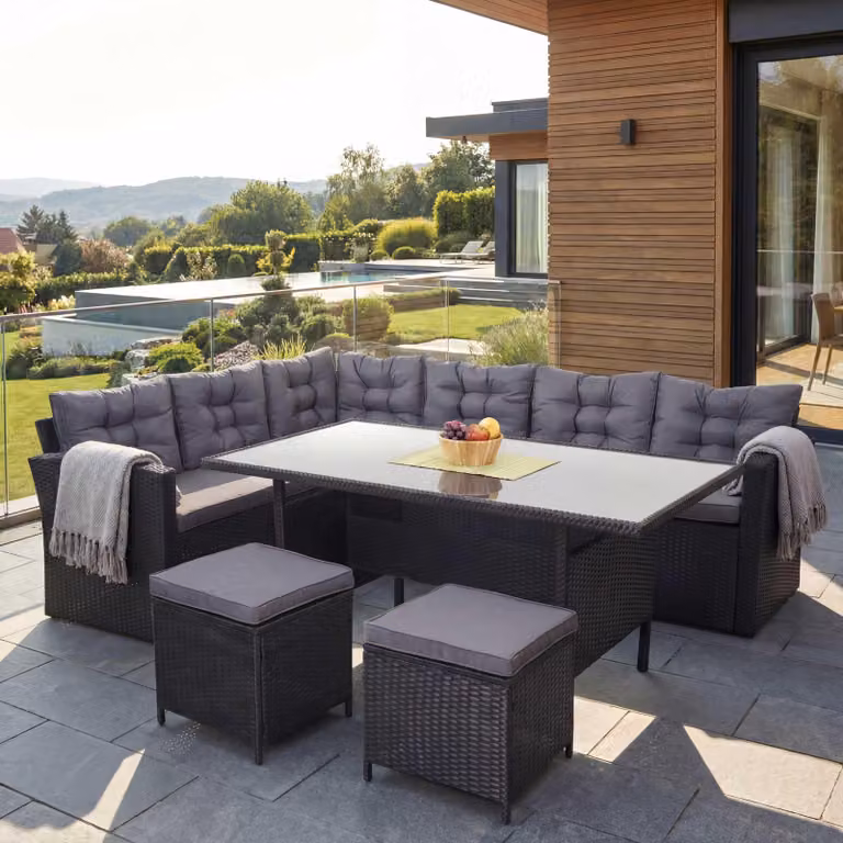 Set in poly rattan HWC-A29, set da giardino tavolo da pranzo, nero ~ cuscini grigio scuro, con 2x sgabelli