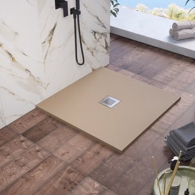 Piatto doccia quadrato Parama Kos in marmoresina color marrone e beige con effetto pietra, L/P: 90 x 90 cm – 1