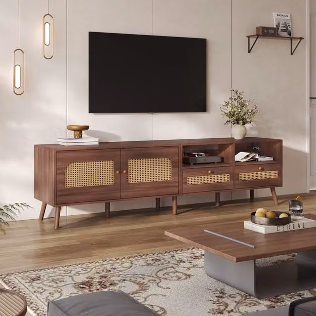Mobile TV Minimal marrone con 2 ante in rattan e 2 cassetti, adatto per televisori fino a 80 pollici, L: 200 cm, P: 37 cm, H: 49.5 cm – 1
