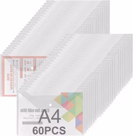 Set di 60 cartelle trasparenti in plastica per documenti A4 con chiusura a pressione e finestra di visibilità per organizzazione scolastica e ufficio