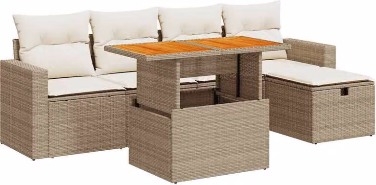 Set Divano da Giardino 6 pz con Cuscini Beige Polyrattan Acacia