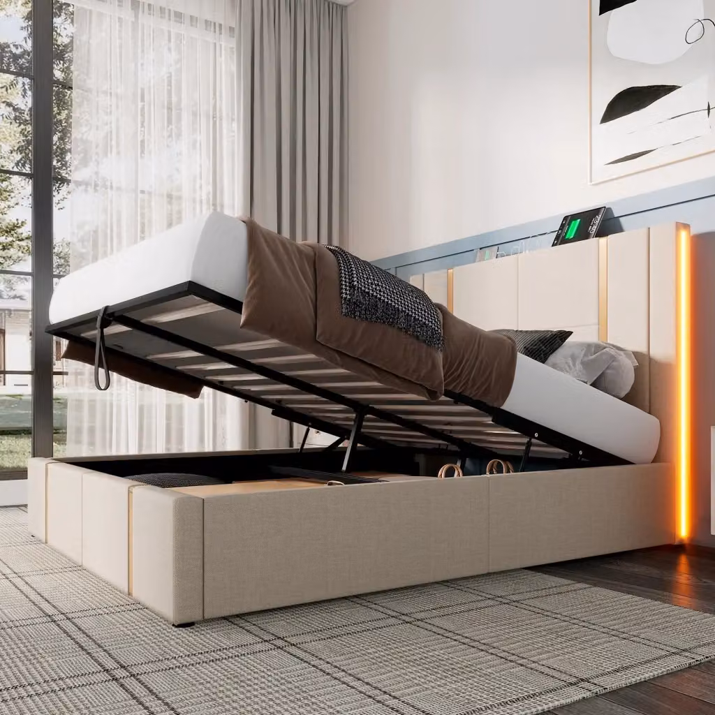 Letto matrimoniale imbottito WISHDOR beige con contenitore, materasso ibrido, illuminazione LED, porta USB e mensola integrata L/P/H: 217 x 140 x 105 cm – 2