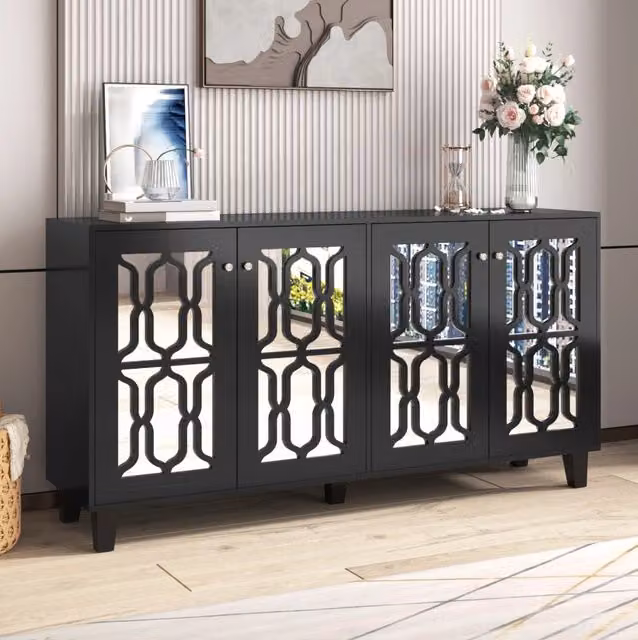 Madia nera effetto specchio con 4 ante; 2 ripiani regolabili; 160 x 40 x 84 cm