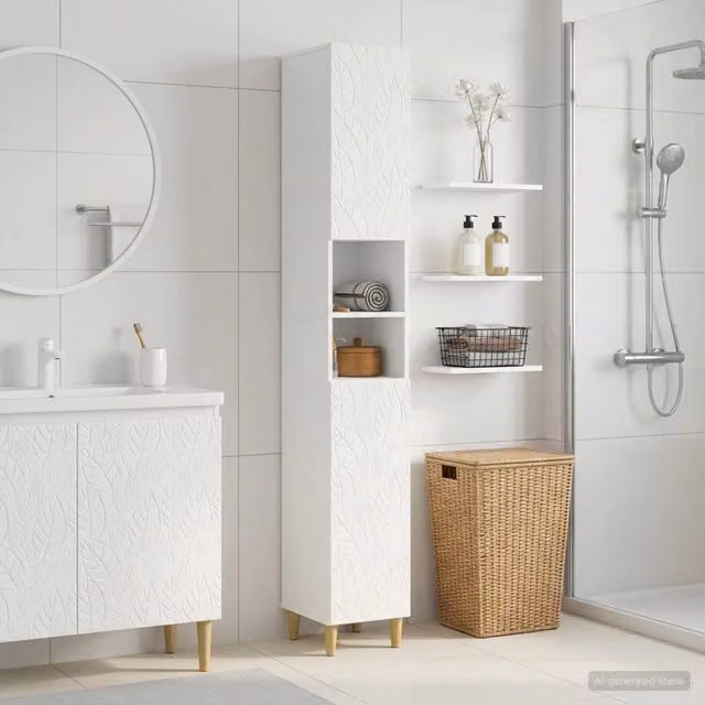 Armadio da bagno moderno vidaXL bianco lucido con ripiani interni e scaffale aperto in MDF L: 30,0 cm, P: 23,1 cm, H: 190,0 cm