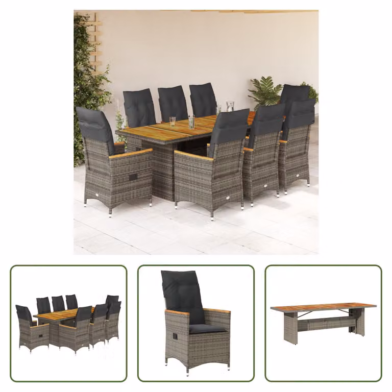 The Living Store Set bistrot da giardino 9 pezzi con cuscini in poly rattan grigio