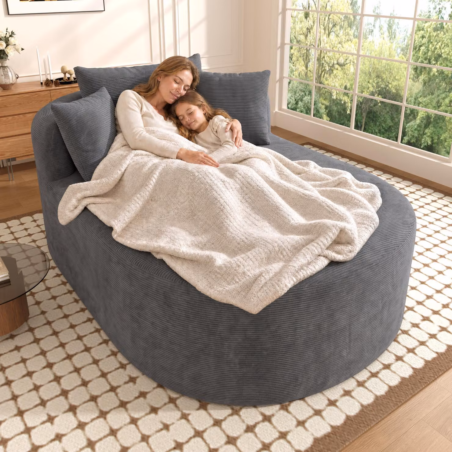 Poltrona relax Merax Oval, monoposto, rivestita in tessuto corduroy, seduta extra profonda di 122 cm, poltrona da lettura con imbottitura morbida, divano singolo senza necessità di montaggio, colore grigio