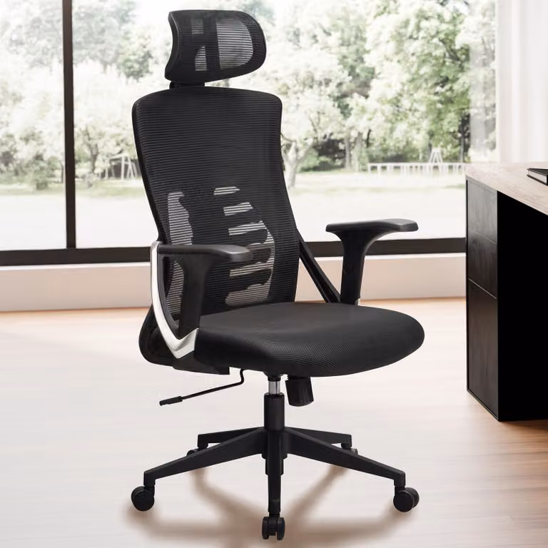 Sedia da ufficio FineBuy, rivestimento in rete nera, portante fino a 120 kg, con poggiatesta; sedia girevole regolabile in altezza con supporto lombare in tessuto