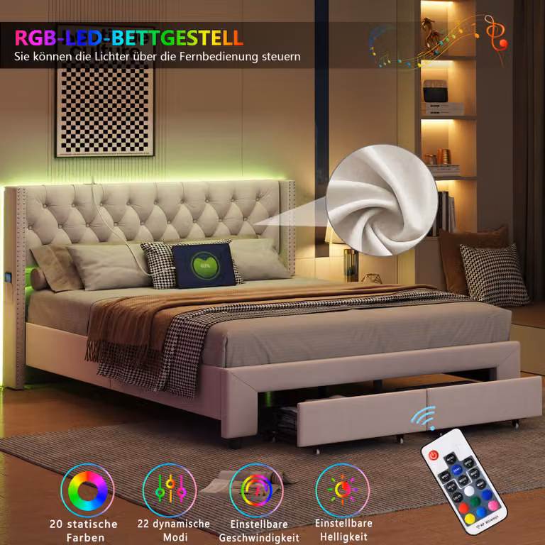 Letto imbottito ProximaX 180x200 cm con decorazione a rivetti, cassetti, strisce luminose, porta di ricarica USB, borsa portaoggetti, beige, con caricatore europeo