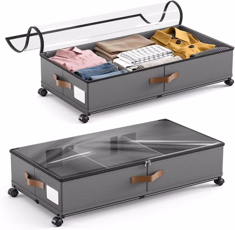 Contenitori portaoggetti da posizionare sotto il letto, capacità 48 litri, coperchio trasparente, con ruote, ideali per abbigliamento e scarpe