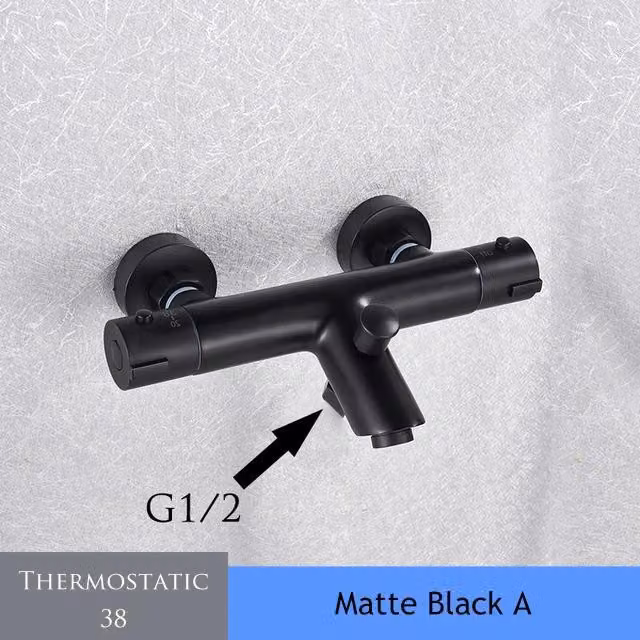 Rubinetto per doccia con termostato - Miscelatore a due manopole per vasca e doccia, montaggio a parete - Acqua calda e fredda - Ottone - Nero opaco