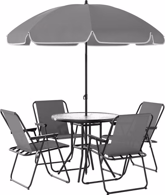 Set da giardino Outsunny composto da 6 pezzi con tavolo rotondo in vetro, ombrellone e 4 sedie pieghevoli in acciaio verniciato a polvere, colore grigio e nero