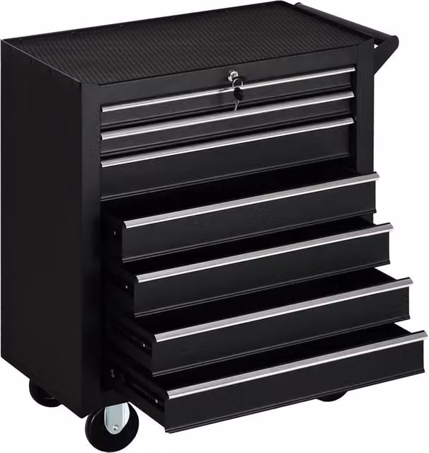 Carrello da officina in acciaio con 7 cassetti, serratura con chiavi, ruote e maniglia, colore nero, L: 69 cm, P: 33 cm, H: 75 cm