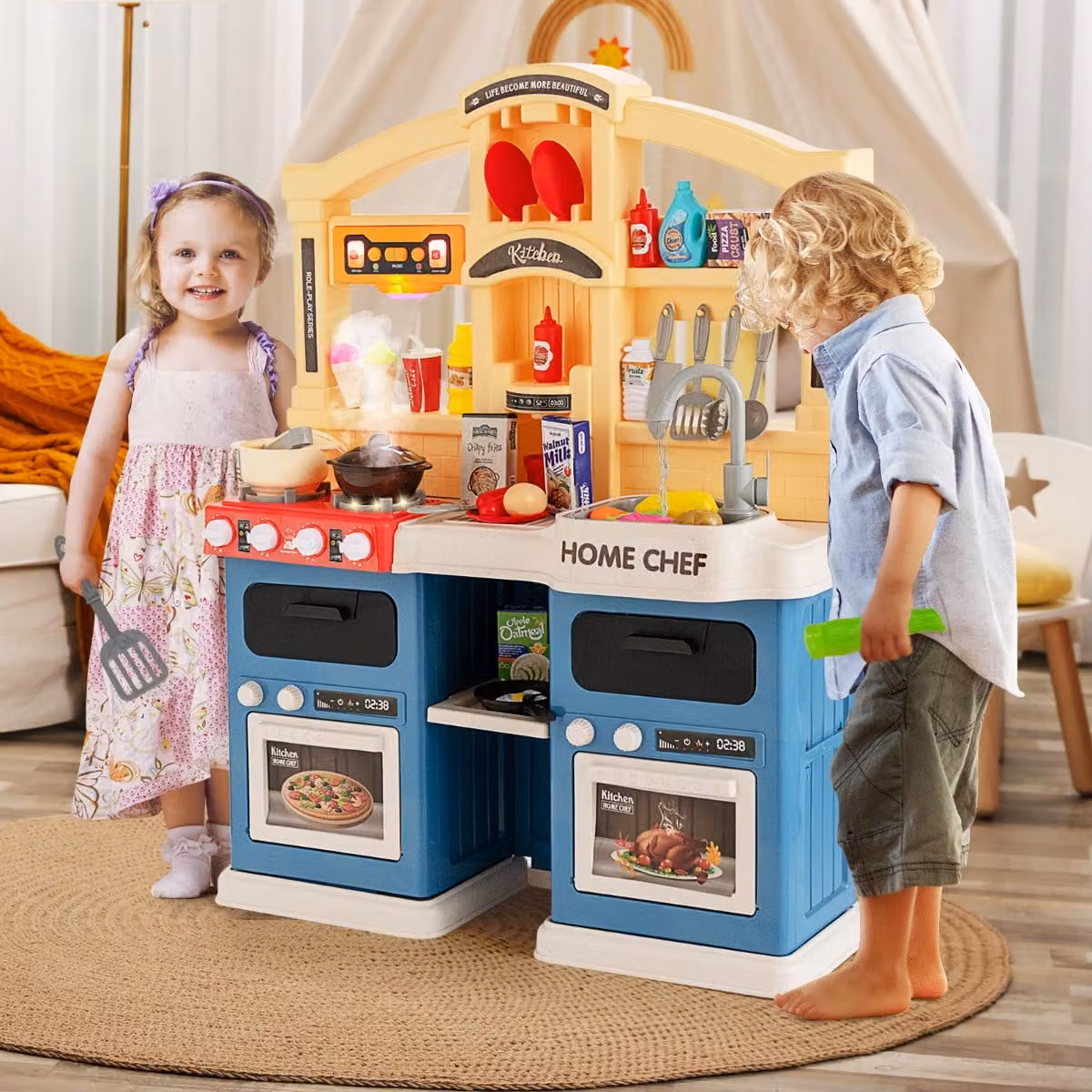 Cucina giocattolo Costway con 42 pezzi, effetti vapore e acqua in ebollizione, colore blu per bambini dai 3 anni in su