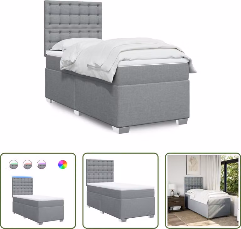 The Living Store Letto a molle con materasso grigio chiaro 100x200 cm in tessuto