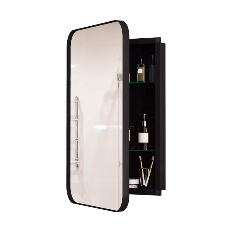 AIORBER Elegante mobile a specchio rettangolare, mensola a muro con struttura in metallo e ripiani regolabili, specchio con spazio di archiviazione